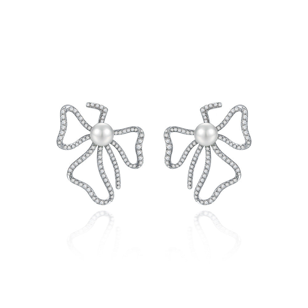 Pearl Bow Stud Earrings – Sterling Silver