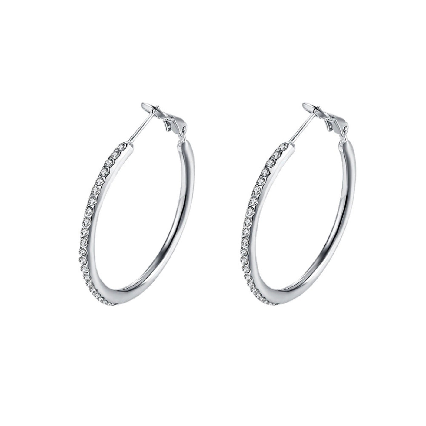 Pavé Thin Hoop Earrings – White Gold Plated, 35mm