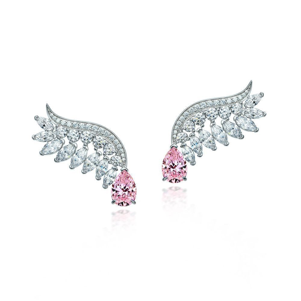 Angel Wing Ear Climbers with Pink Pear – Sterling Silver