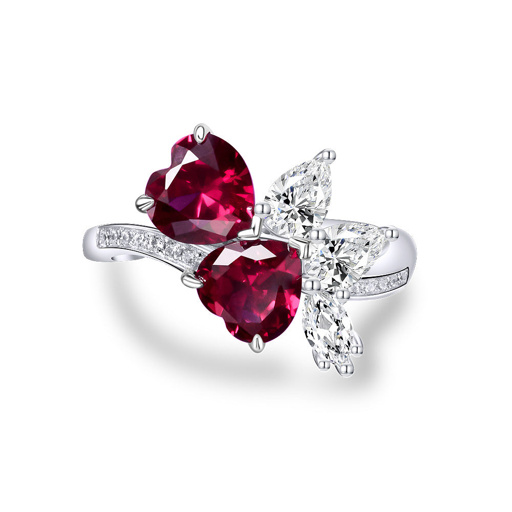 Lab Ruby Double Heart Bypass Ring – Sterling Silver, 1 Carat
