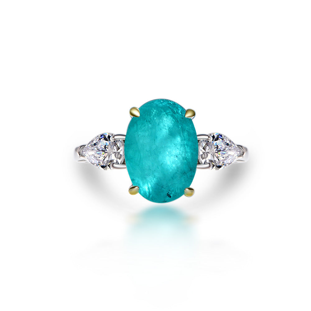 Paraiba Blue Oval Three-Stone Ring – Sterling Silver, 5 Carat