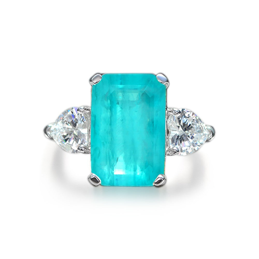 Paraiba Blue Emerald-Cut Three-Stone Ring – Sterling Silver, 5 Carat