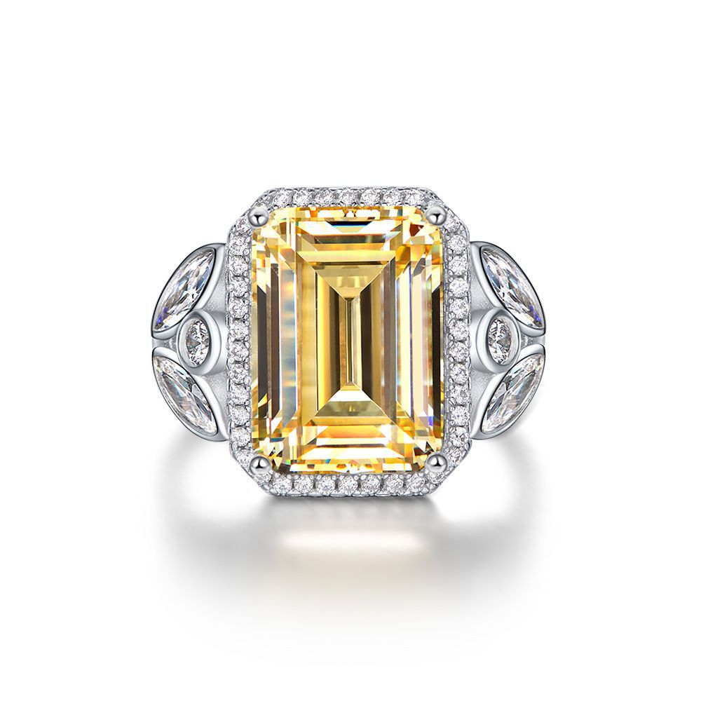 Yellow Emerald-Cut Halo Ring – Sterling Silver, 10×14mm