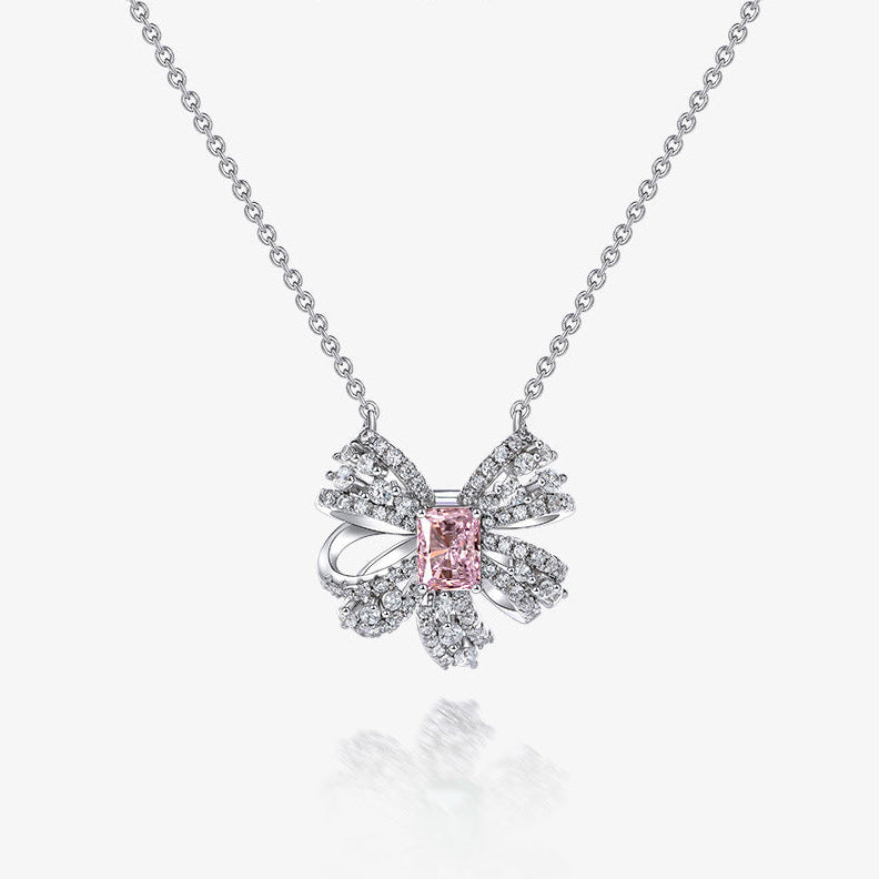 Pink Bow Pendant Necklace – Sterling Silver, 1.5 Carat