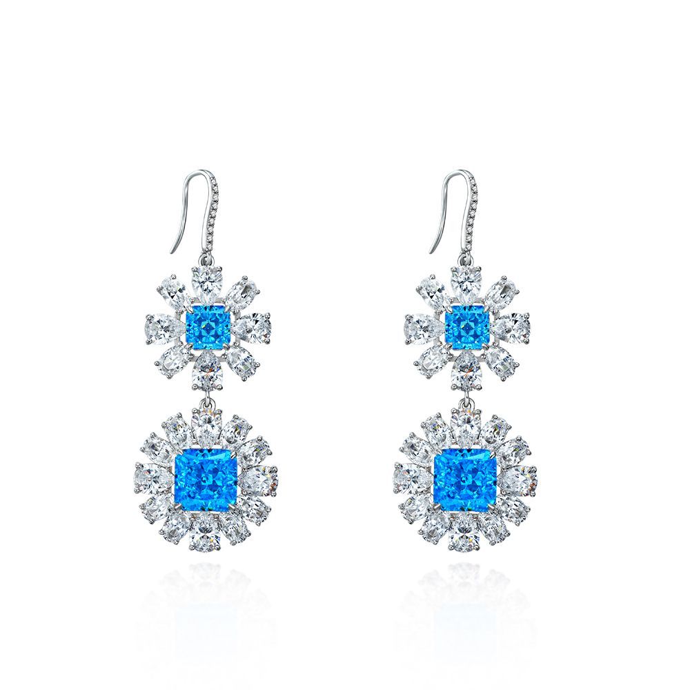 Square Halo Double Drop Earrings – Sterling Silver, 5 Carat