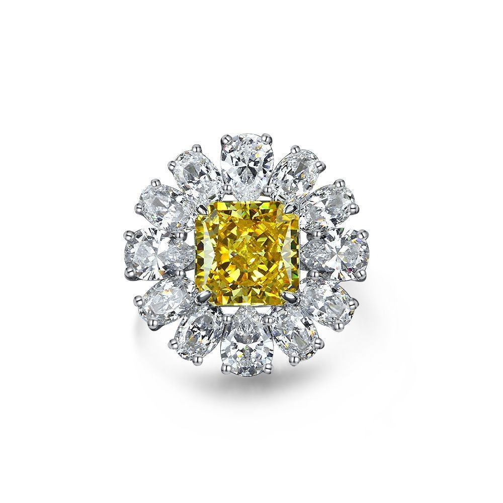 Yellow Radiant Floral Halo Cocktail Ring – Sterling Silver, 5 Carat