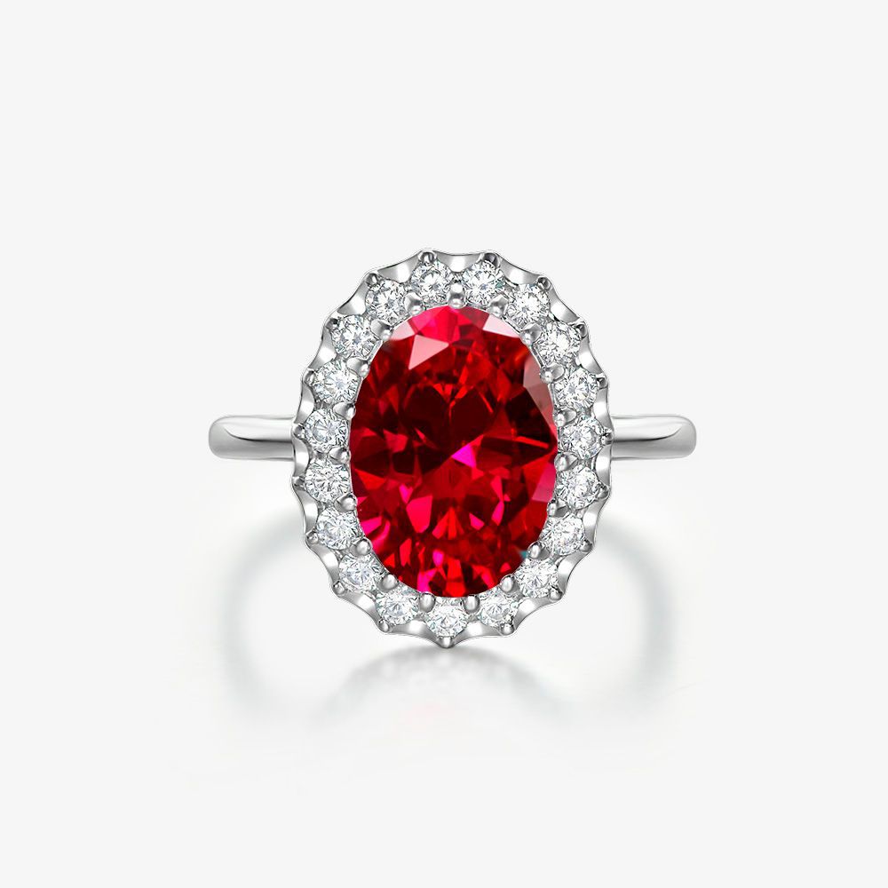 Red Oval Halo Ring – Sterling Silver, 8 Carat