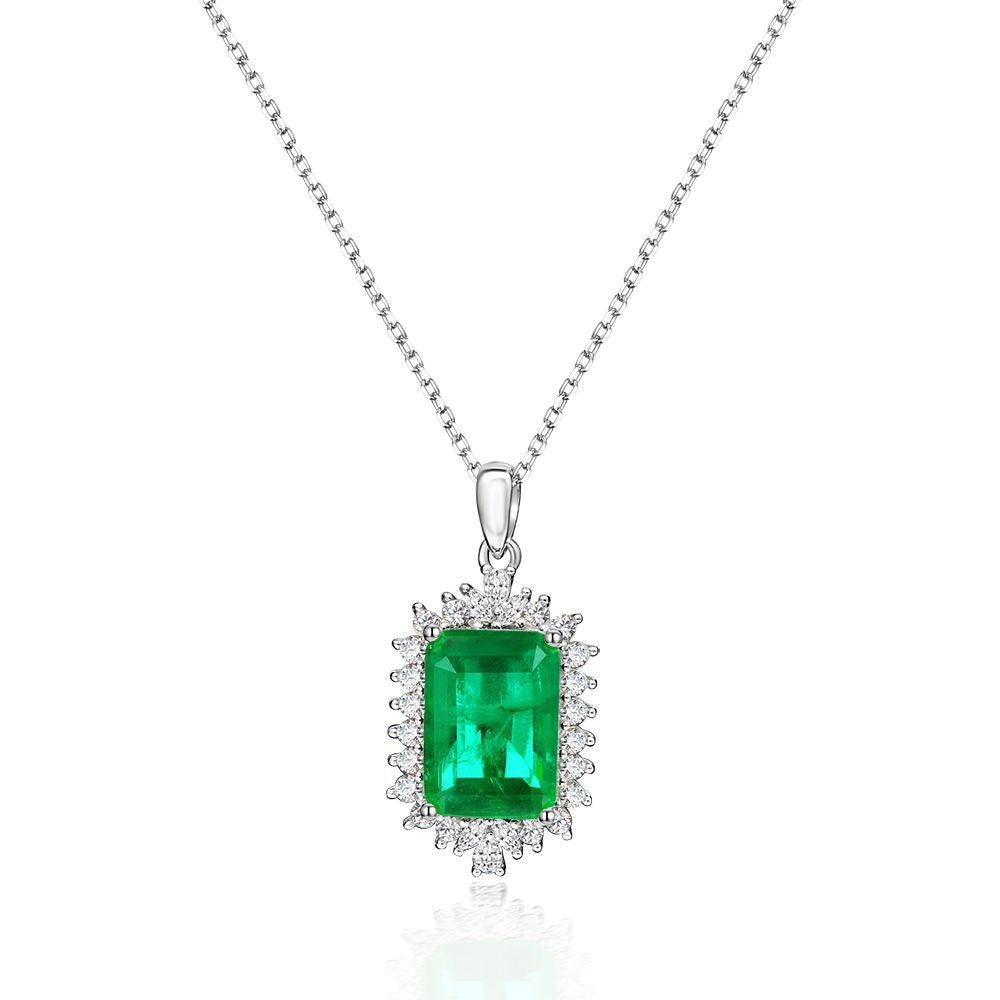 Emerald-Cut Halo Pendant Necklace – Sterling Silver, 5 Carat