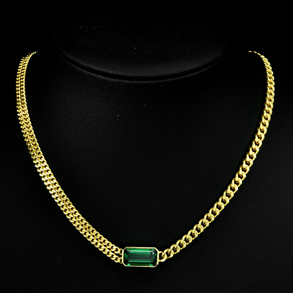 Green Emerald-Cut Cuban Chain Necklace – Sterling Silver, 4 Carat