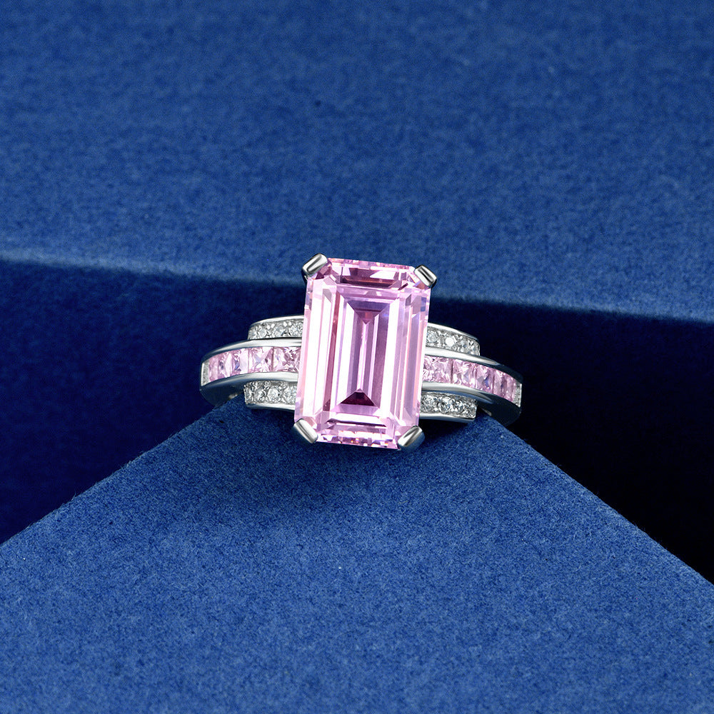 Pink Emerald-Cut Split-Shank Ring – Sterling Silver, 5 Carat