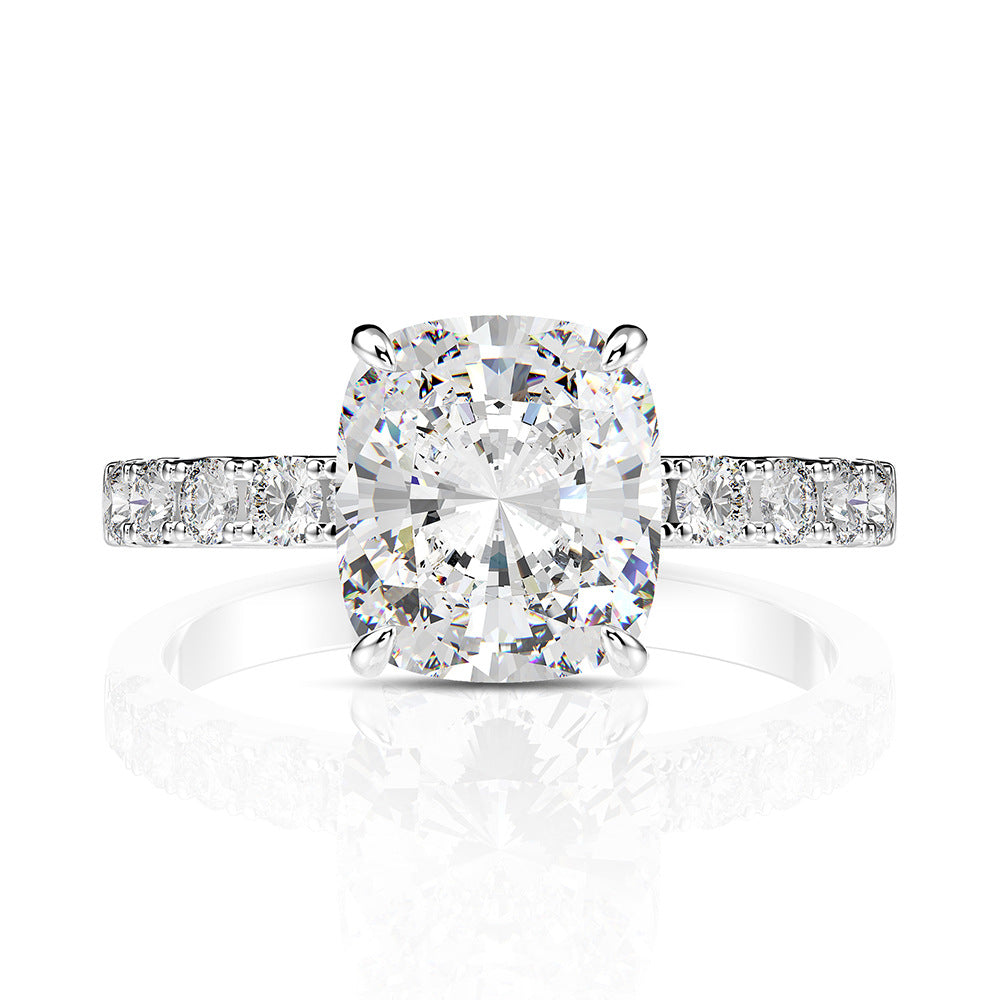 Cushion Solitaire Pavé Engagement Ring – Sterling Silver, 3 Carat