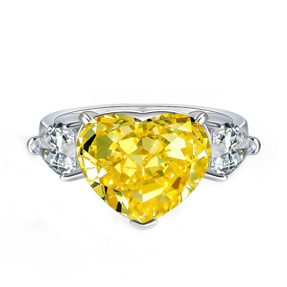 Yellow Heart Three-Stone Ring – Sterling Silver, 5 Carat