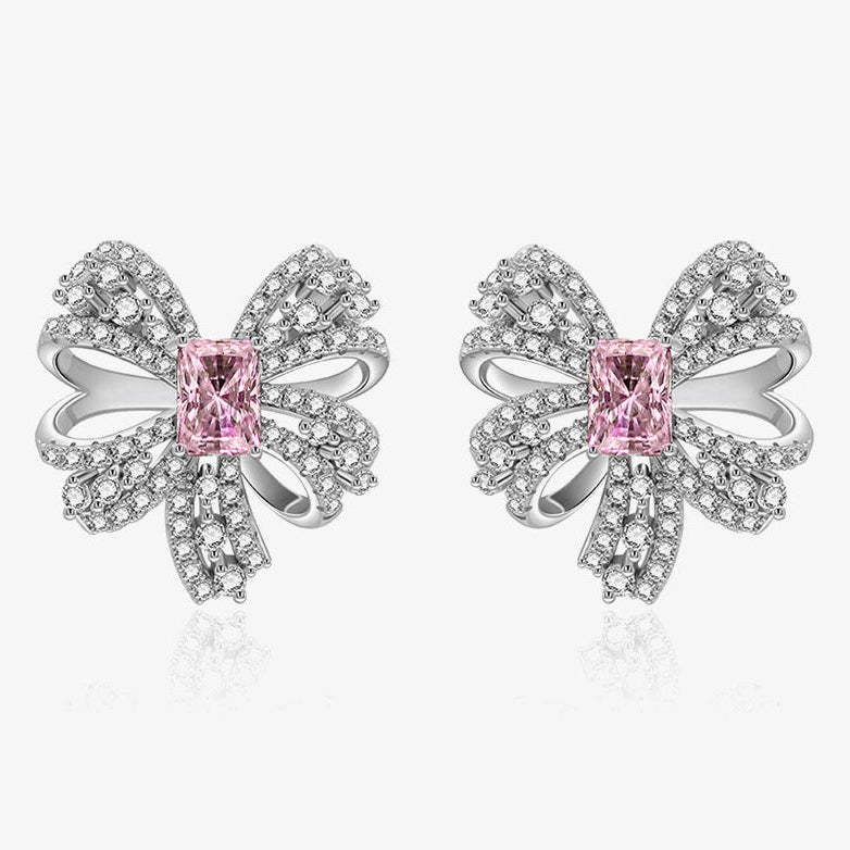 Pavé Bow Stud Earrings with Pink Stone – Sterling Silver