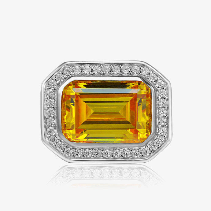Orange Emerald-Cut Halo Ring – Sterling Silver, 10×14mm
