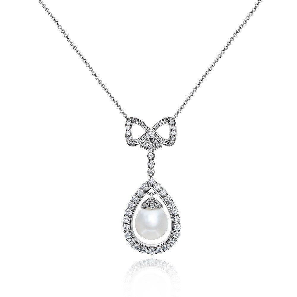 Bow and Pearl Halo Drop Necklace – Sterling Silver