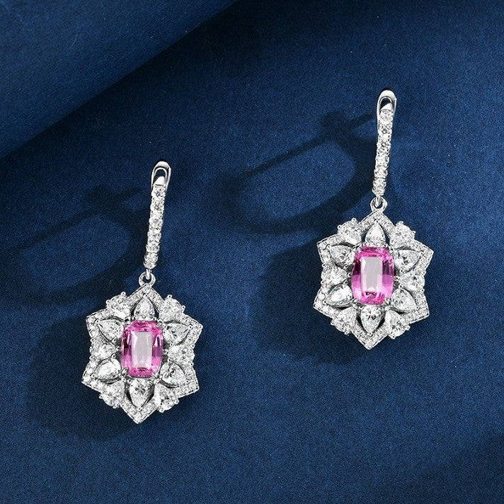 Pink Cushion Flower Drop Earrings – Sterling Silver, 1 Carat