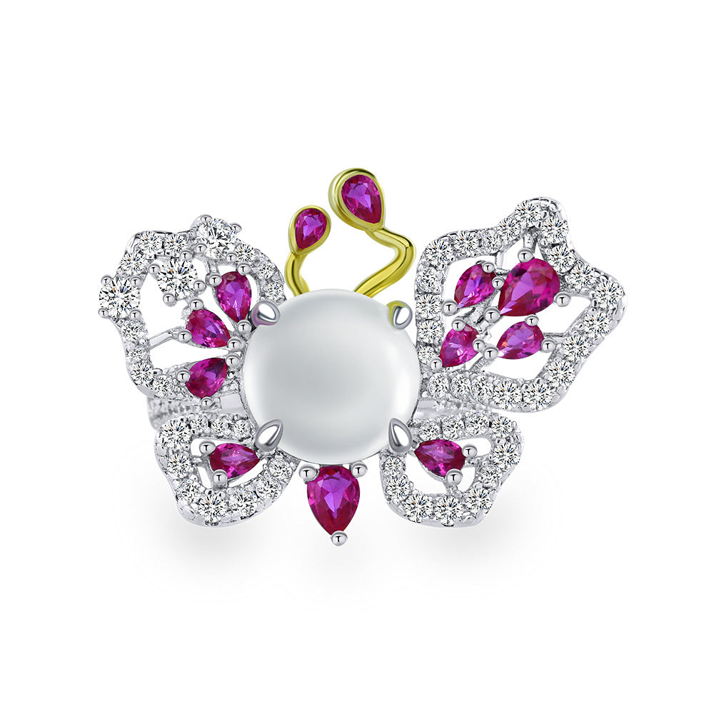 Pearl and Purple Gem Butterfly Cocktail Ring – Sterling Silver