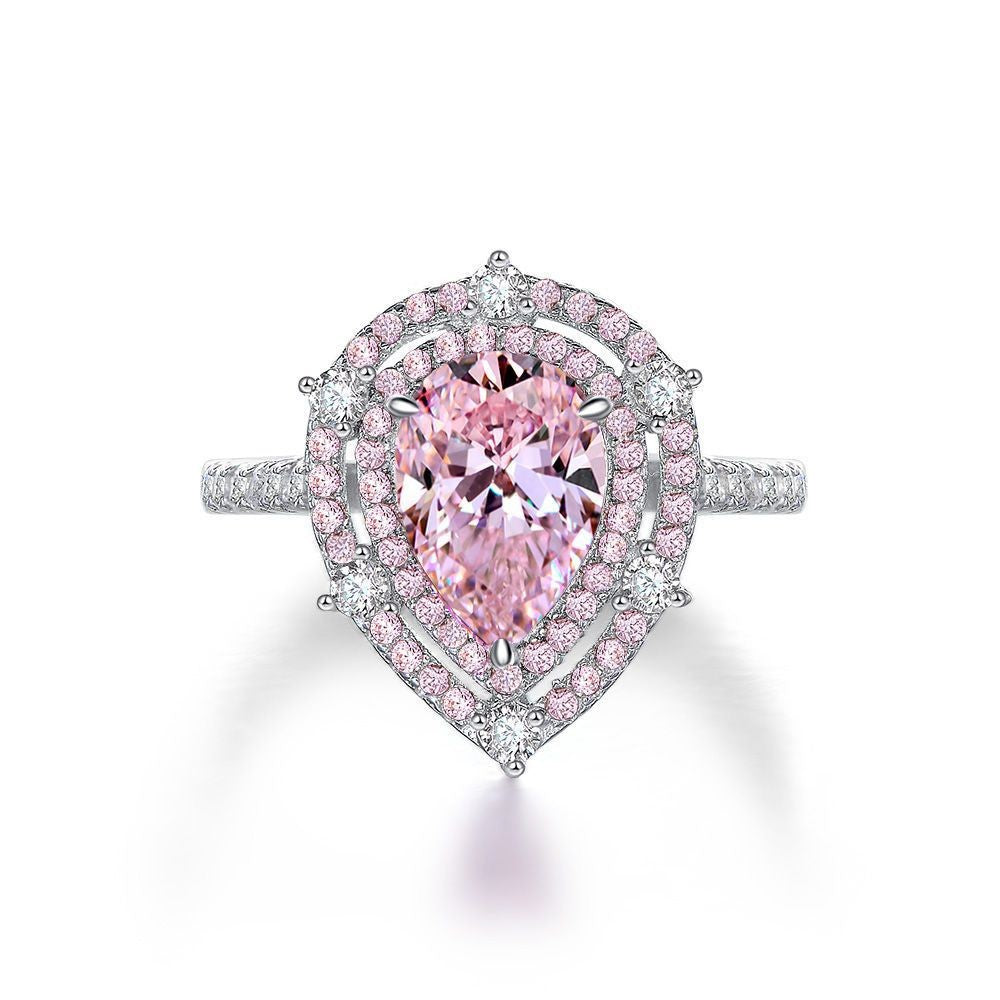 Pink Pear Double Halo Ring – Sterling Silver, 1.5 Carat