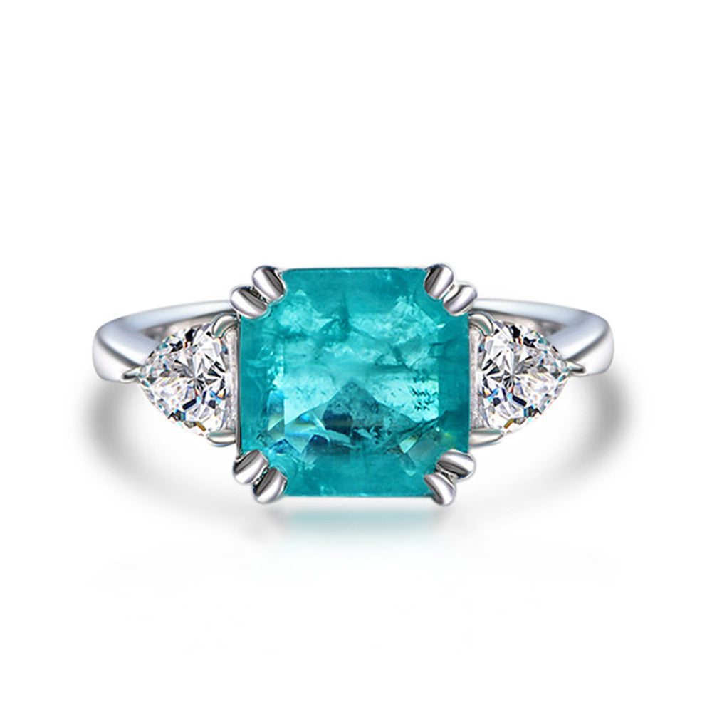 Paraiba Blue Asscher-Cut Three-Stone Ring – Sterling Silver, 3.8 Carat