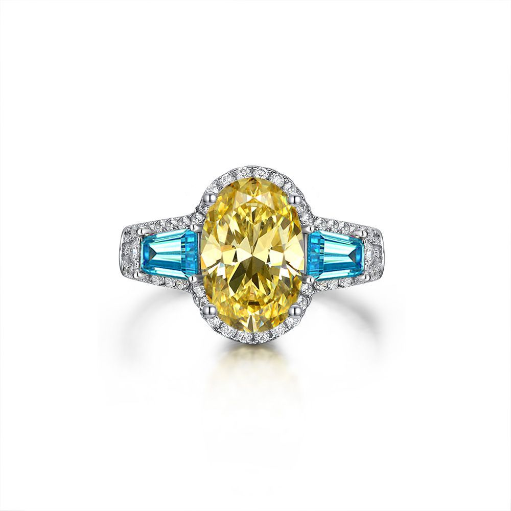 Yellow Oval Ring with Blue Baguettes – Sterling Silver, 3 Carat