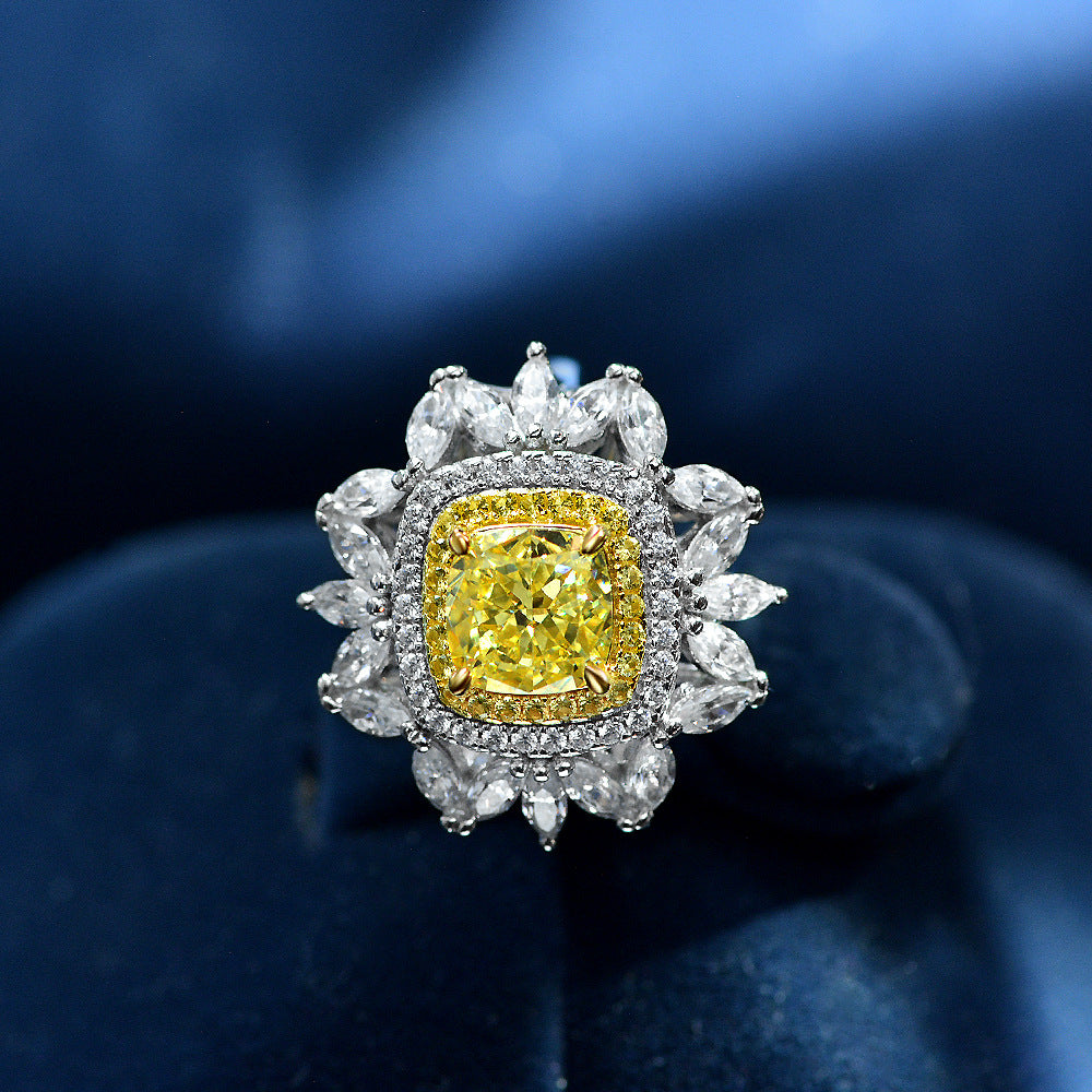 Yellow Cushion Baguette Halo Ring – Sterling Silver, 2 Carat