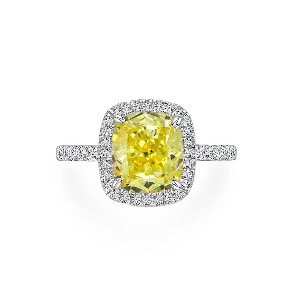 Yellow Cushion Halo Ring – Sterling Silver, 3 Carat