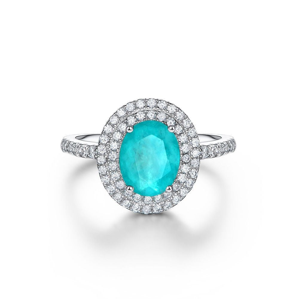Paraiba Blue Oval Double Halo Ring – Sterling Silver, 3 Carat