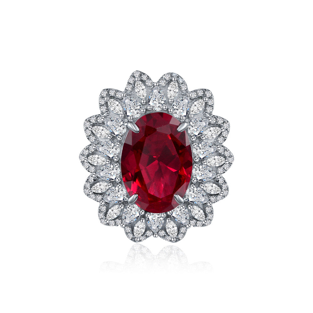 Lab Ruby Oval Floral Halo Ring – Sterling Silver, 5 Carat