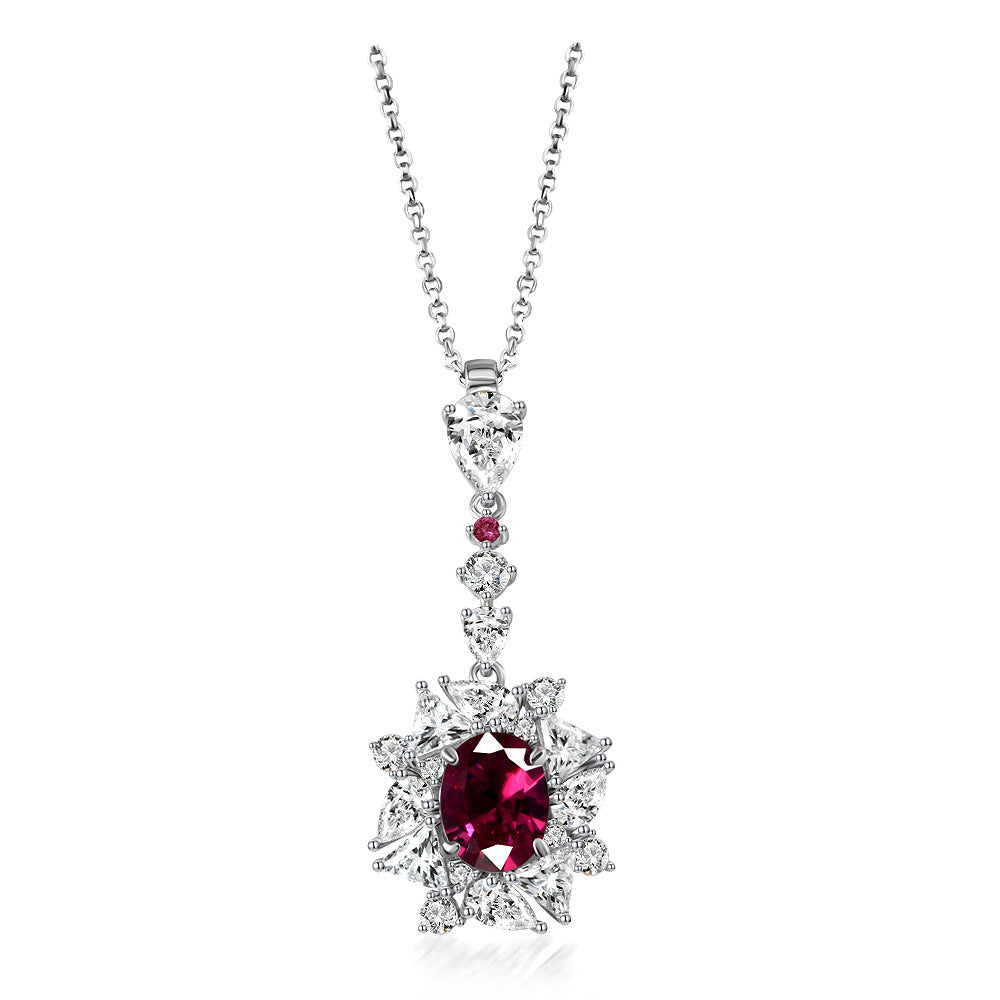 Oval Floral Halo Pendant Necklace – Sterling Silver, 2 Carat