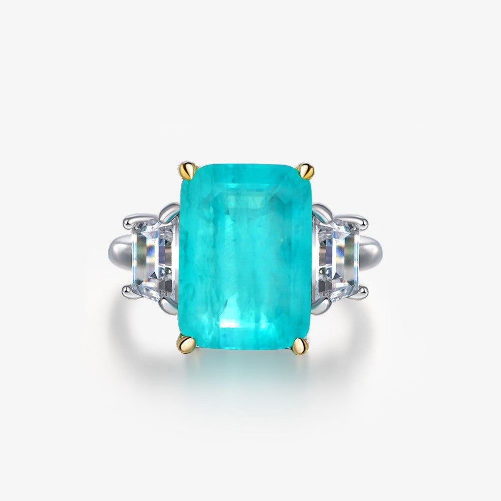Paraiba Blue Emerald-Cut Three-Stone Ring – Sterling Silver, 8 Carat