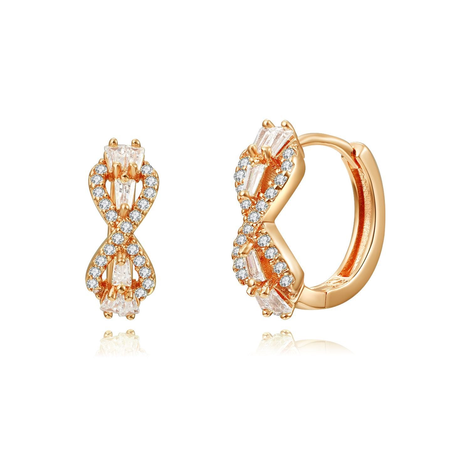 Infinity Knot Crystal Huggie Earrings – Rose Gold Plated, 19mm