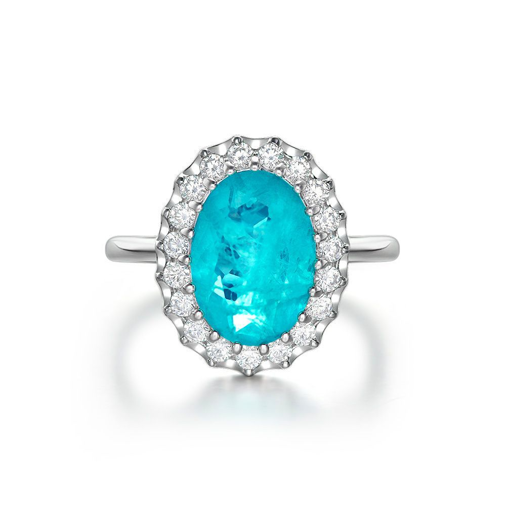 Paraiba Blue Oval Halo Ring – Sterling Silver, 5 Carat