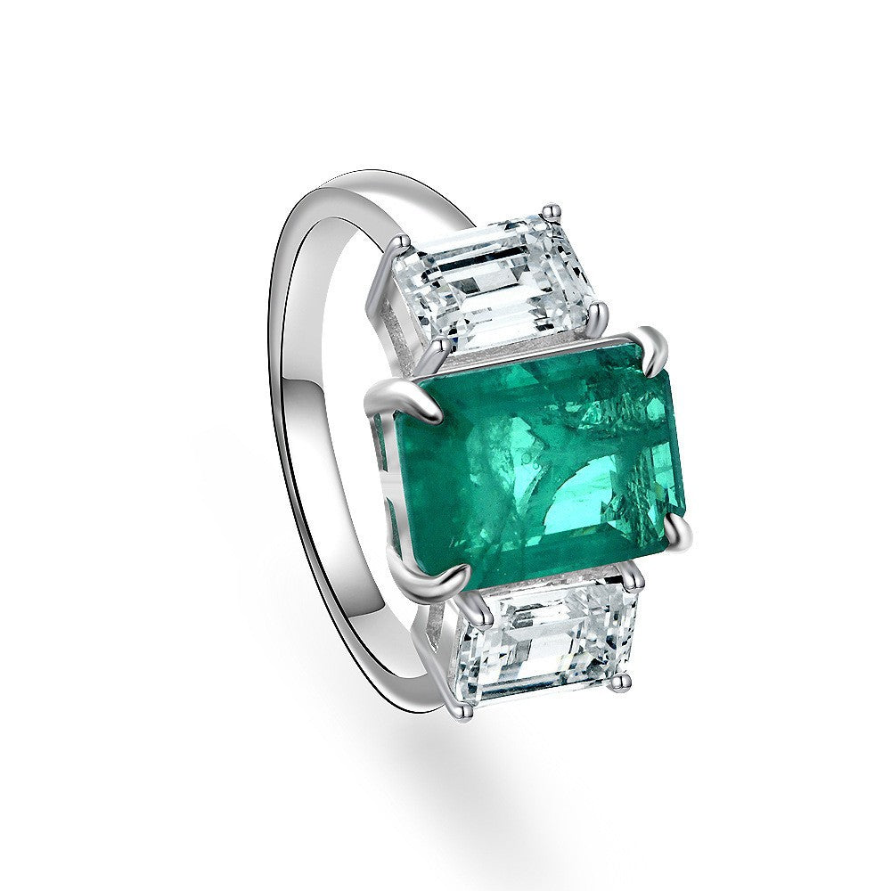 Green Emerald-Cut Three-Stone Ring – Sterling Silver, 4 Carat