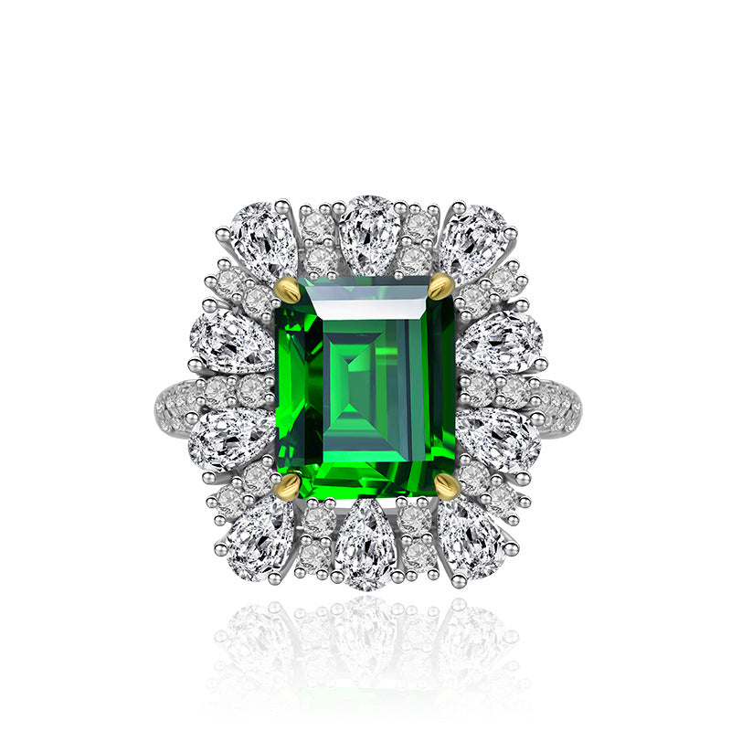 Green Emerald-Cut Pear Halo Ring – Sterling Silver, 4 Carat