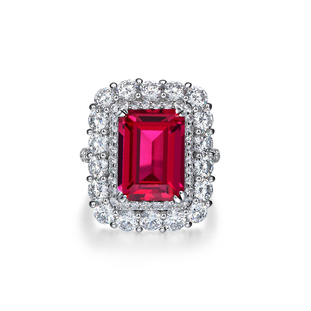 Lab Ruby Radiant Double Halo Ring – Sterling Silver, 10 Carat