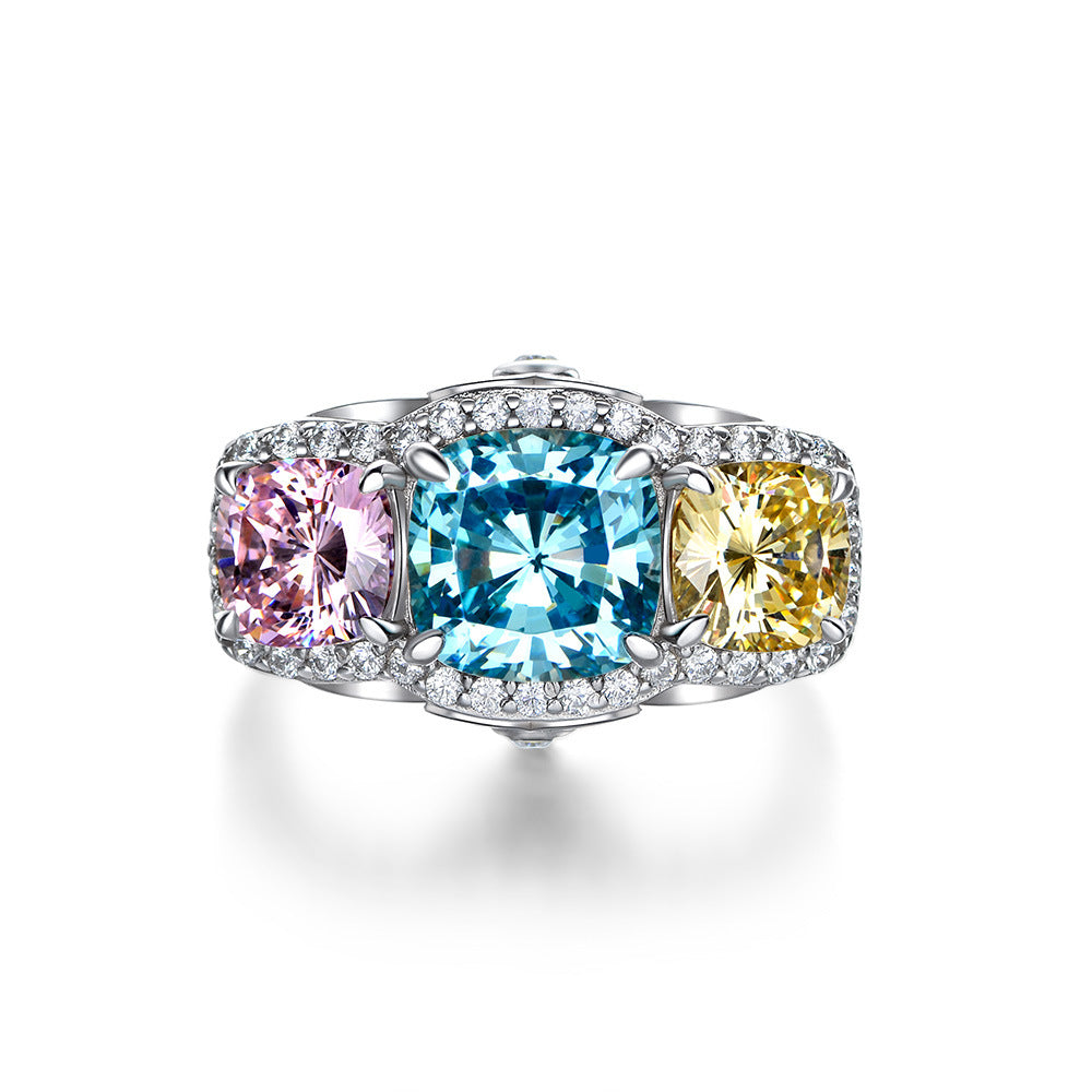 Pink, Blue and Yellow Cushion Three-Stone Ring – Sterling Silver