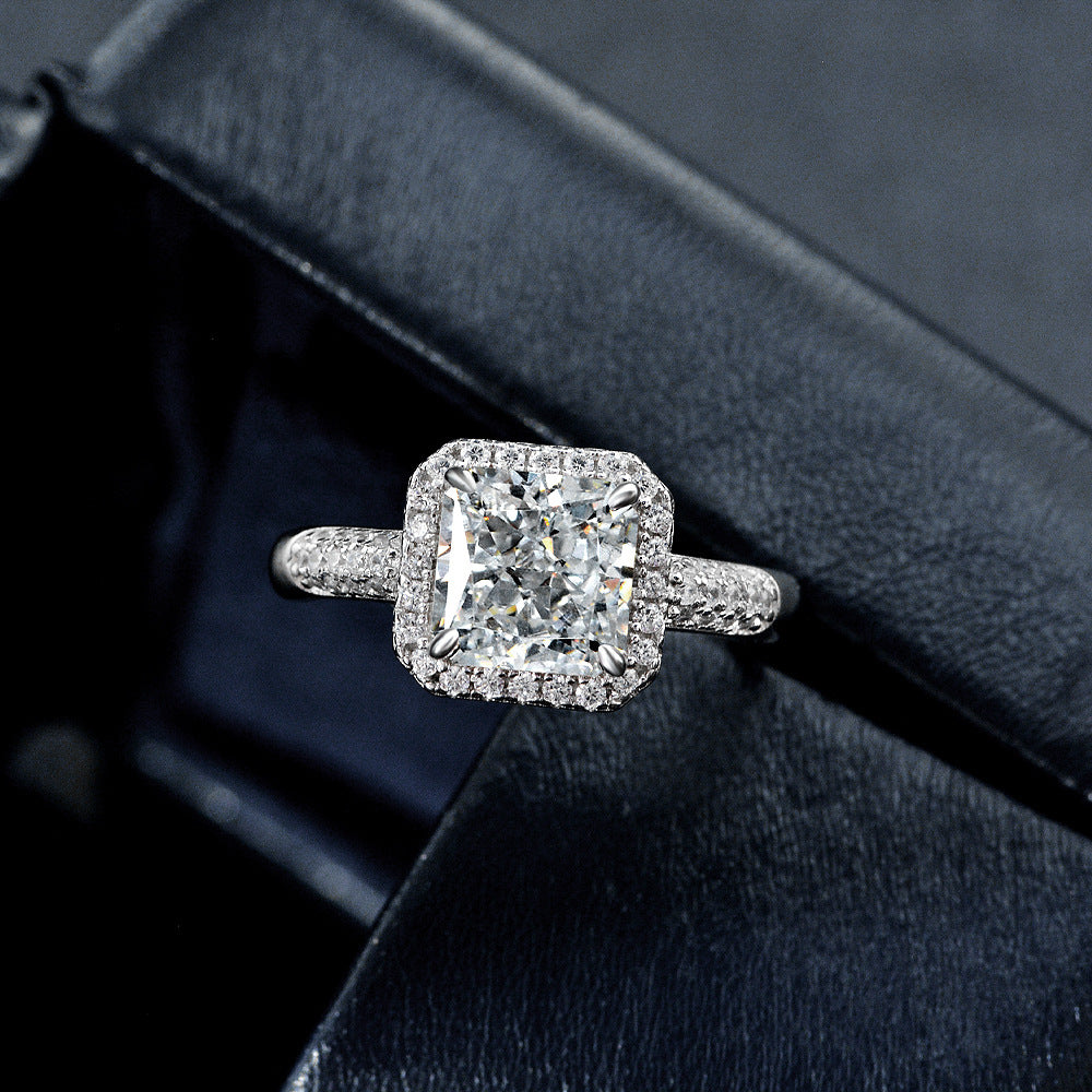 Cushion Halo Open Ring – Sterling Silver, Adjustable, 2 Carat