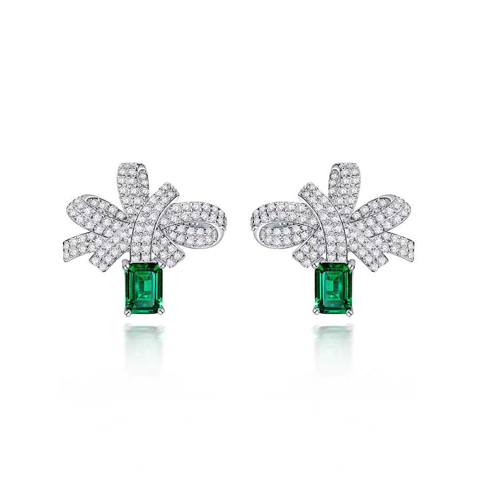 Pavé Bow Emerald Drop Earrings – Sterling Silver