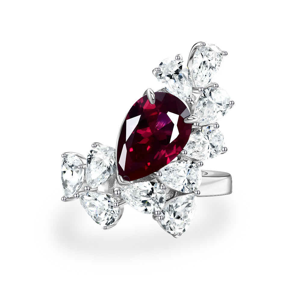 Lab Ruby Pear Cluster Statement Ring – Sterling Silver, 3 Carat