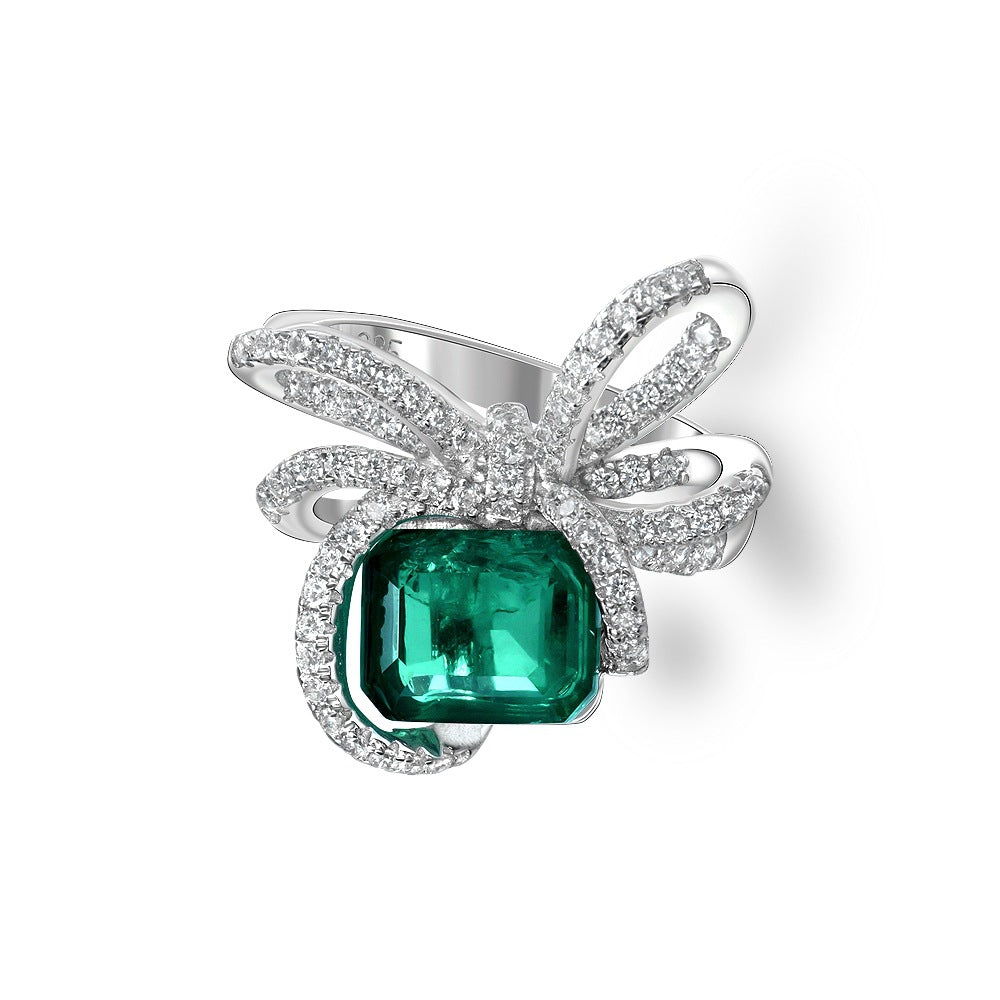 Lab Emerald Pavé Bow Ring – Sterling Silver, 2.35 Carat