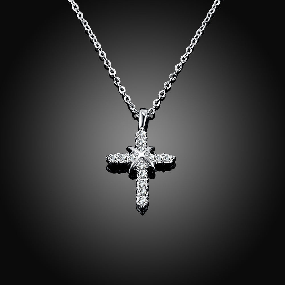 Crystal Cross Pendant Necklace – White Gold Plated, 45 + 5cm