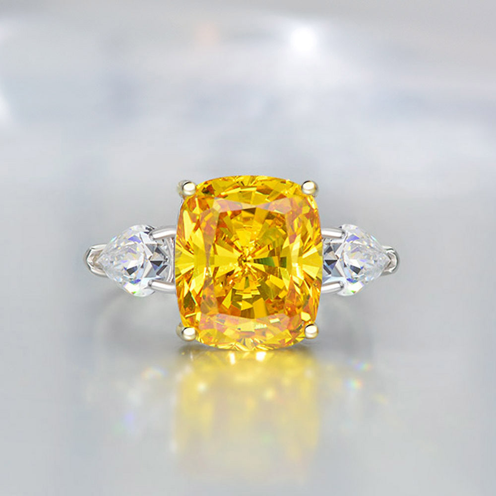 Yellow Cushion Three-Stone Ring – Sterling Silver, 4 Carat
