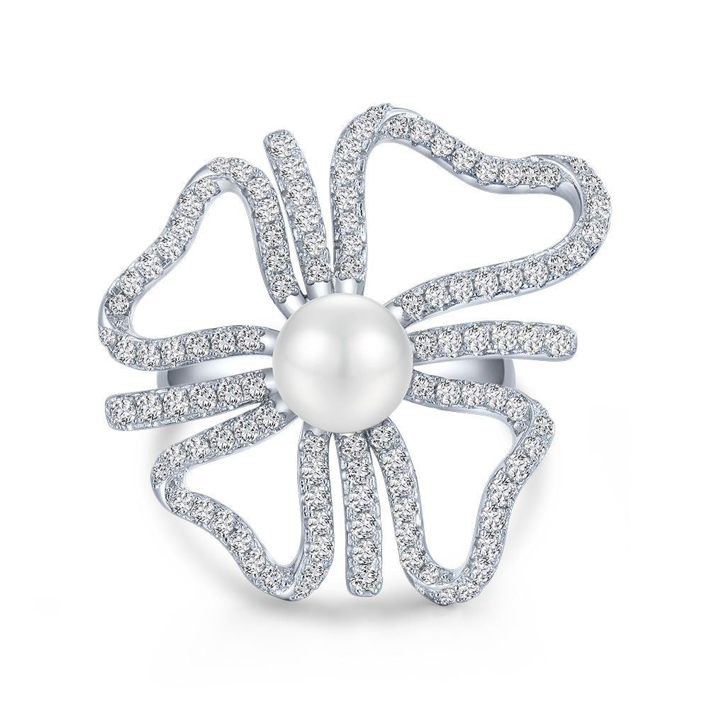 Pearl Pavé Flower Open Ring – Sterling Silver, Adjustable