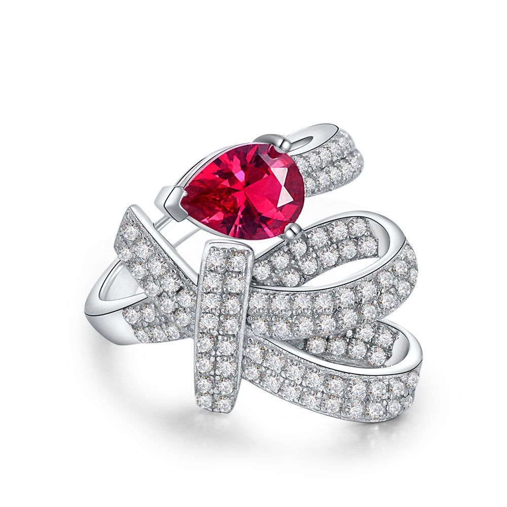 Lab Ruby Pear Pavé Bow Ring – Sterling Silver, 1 Carat