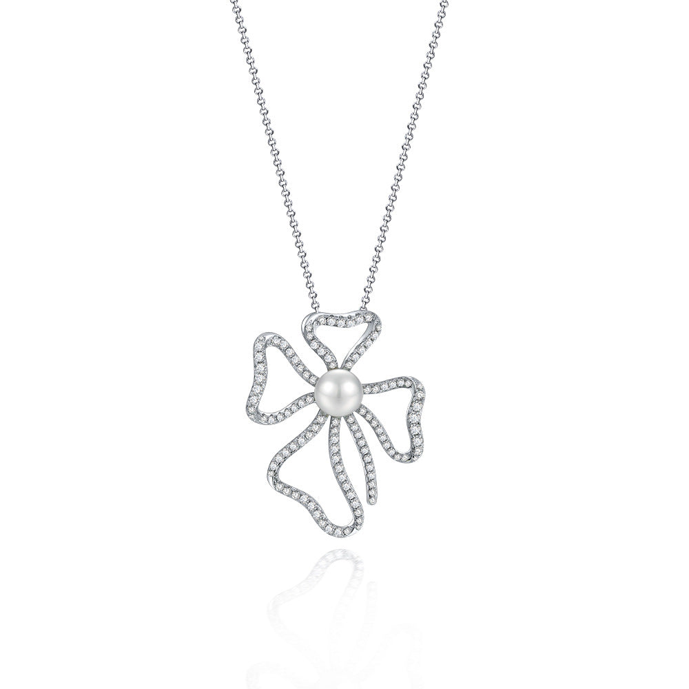 Open Bow Pearl Pendant Necklace – Sterling Silver