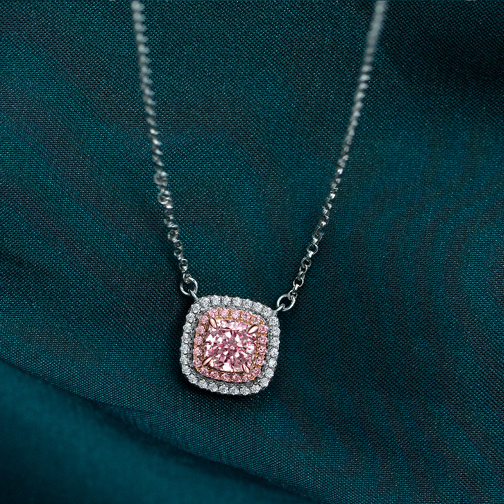 Pink Cushion Double Halo Pendant – Sterling Silver, 2 Carat