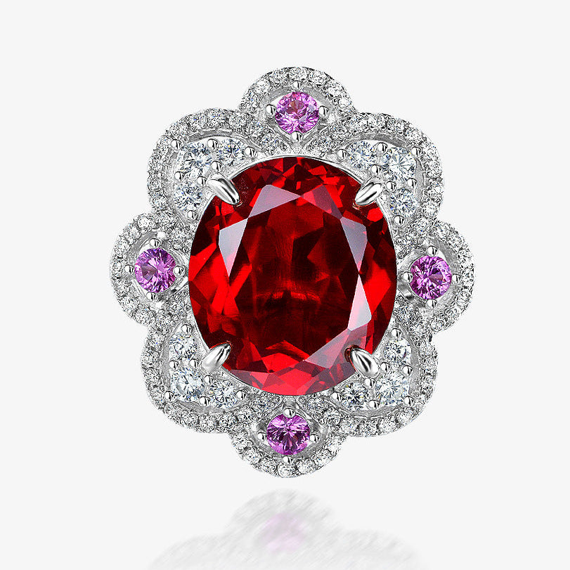 Red Oval Vintage Floral Halo Ring – Sterling Silver, 15 Carat