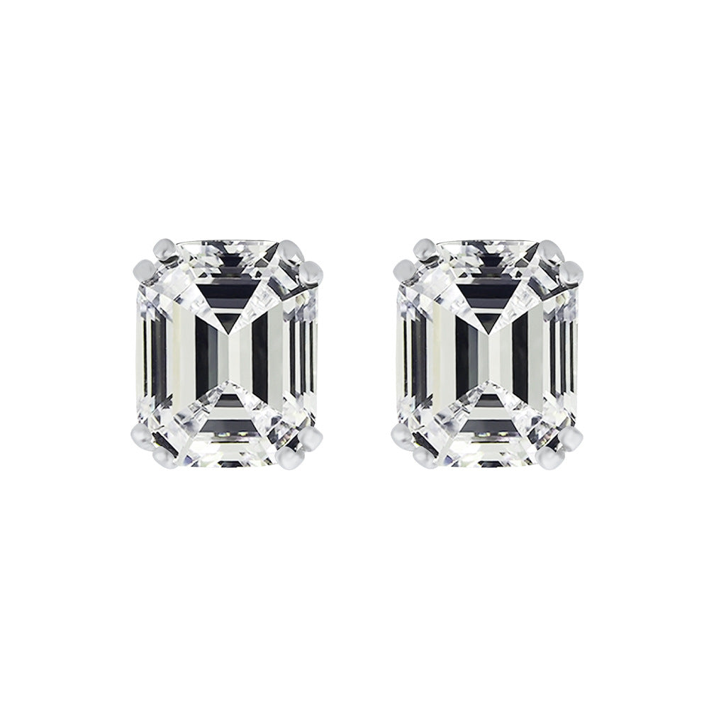 Asscher-Cut Solitaire Stud Earrings – Sterling Silver, 4 Carat