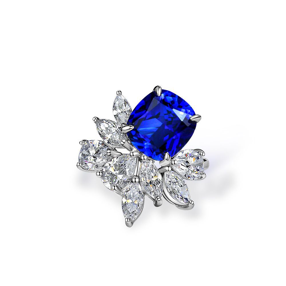 Lab Sapphire Cushion Marquise Cluster Ring – Sterling Silver, 6 Carat