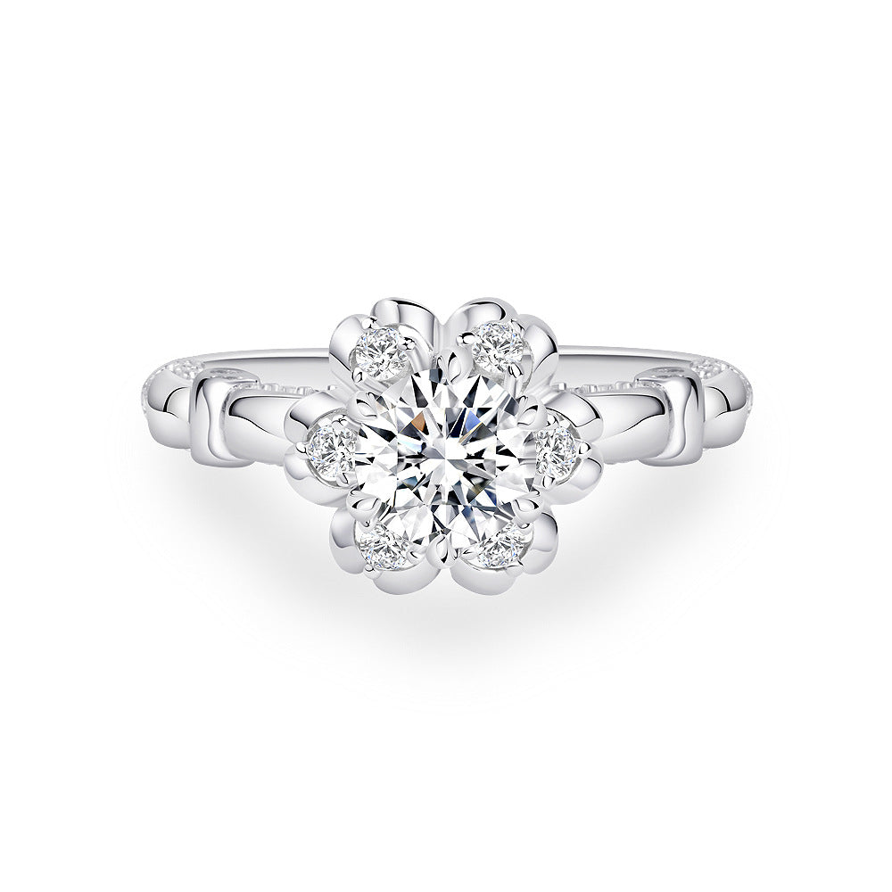 Round Floral Halo Bow Shoulder Ring – Sterling Silver, 1 Carat